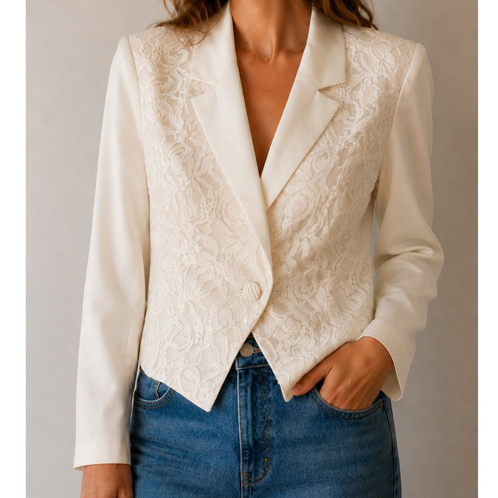 Vintage All That Jazz Ivory Lace Blazer Jacket Coquette Made in USA Size 6